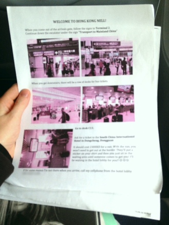 Piece of paper with directions and pictures of the Hong Kong airport