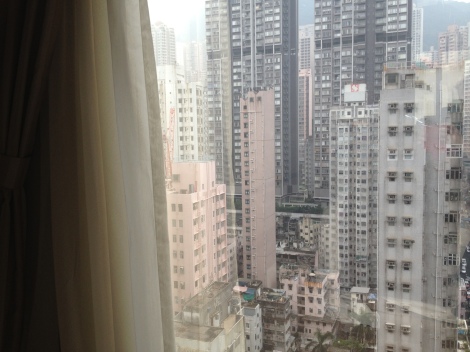 view from window, looking out on high rises in Hong Kong